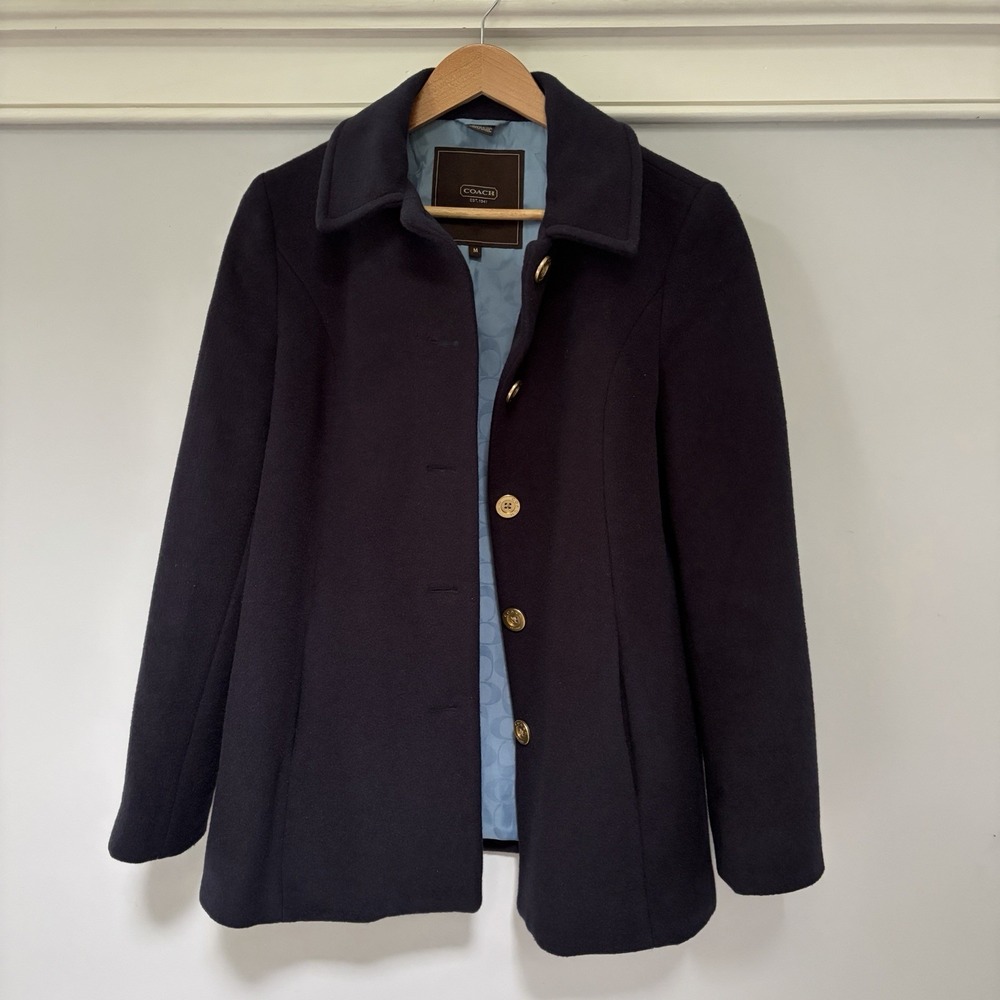 COACH Navy Blue Wool Mohair Coat Size M Classic Vintage Gold Button Up Peacoat